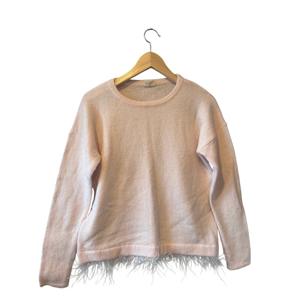 Moth (Anthropologie) | Pink Feather Trim Crew Neck Sweater | Size Small